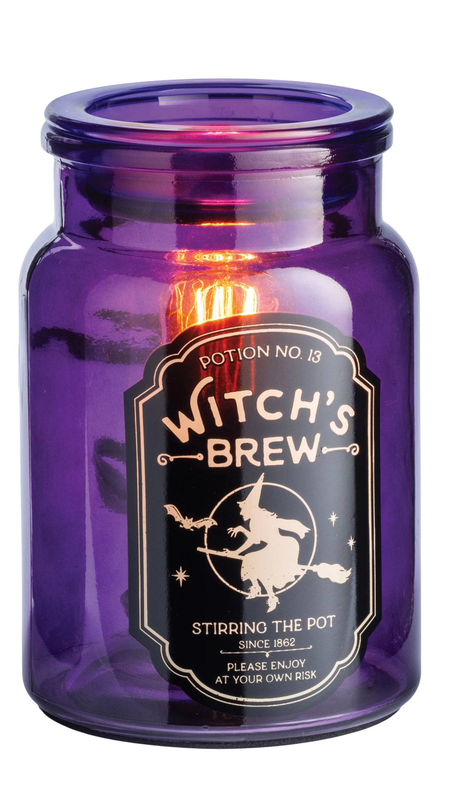 Doodlations Coffee Bar & Boutique purple glass Witch's Brew fragrance warmer with vintage apothecary label
