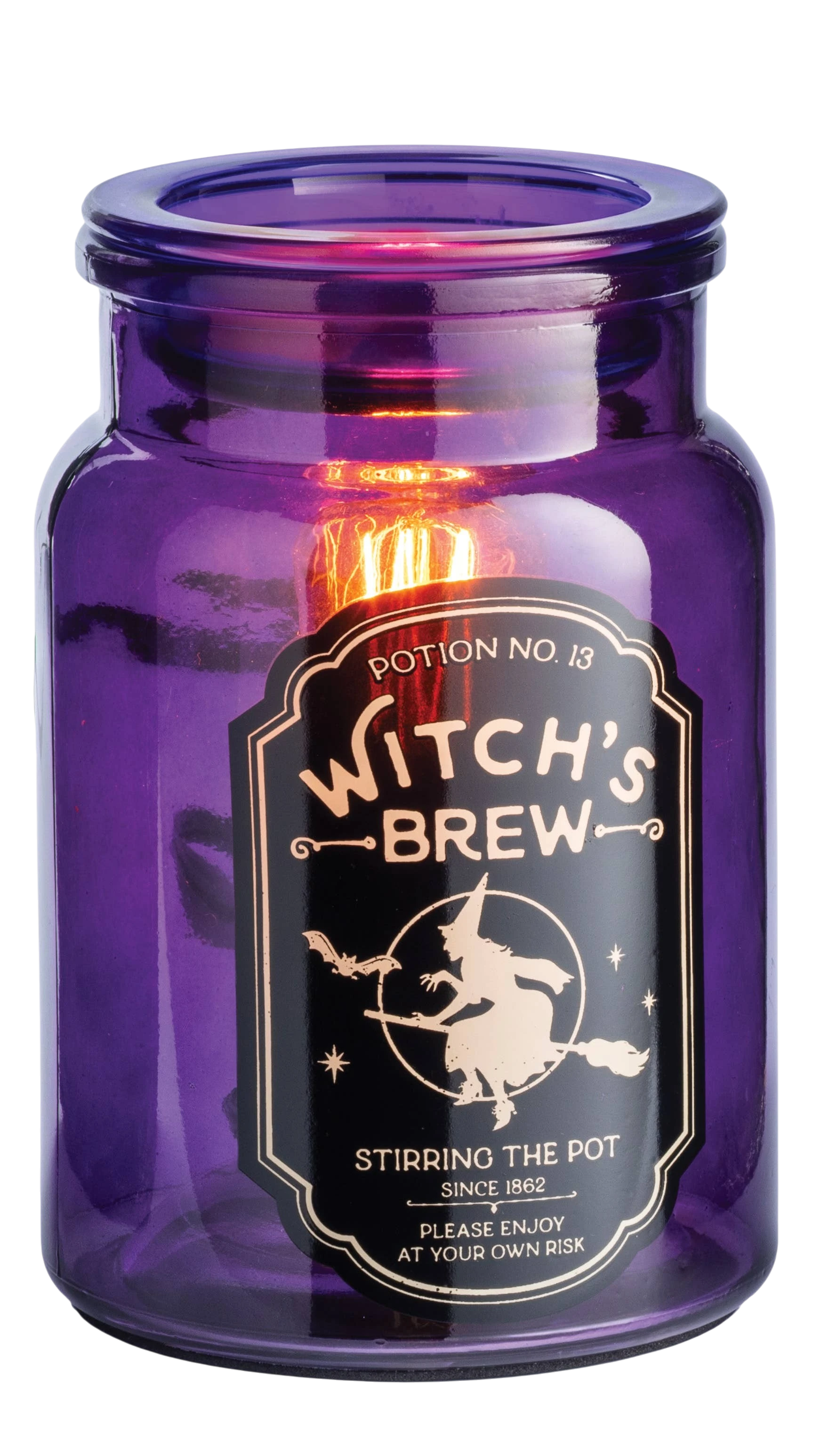 Doodlations Coffee Bar & Boutique purple glass Witch's Brew fragrance warmer with vintage apothecary label