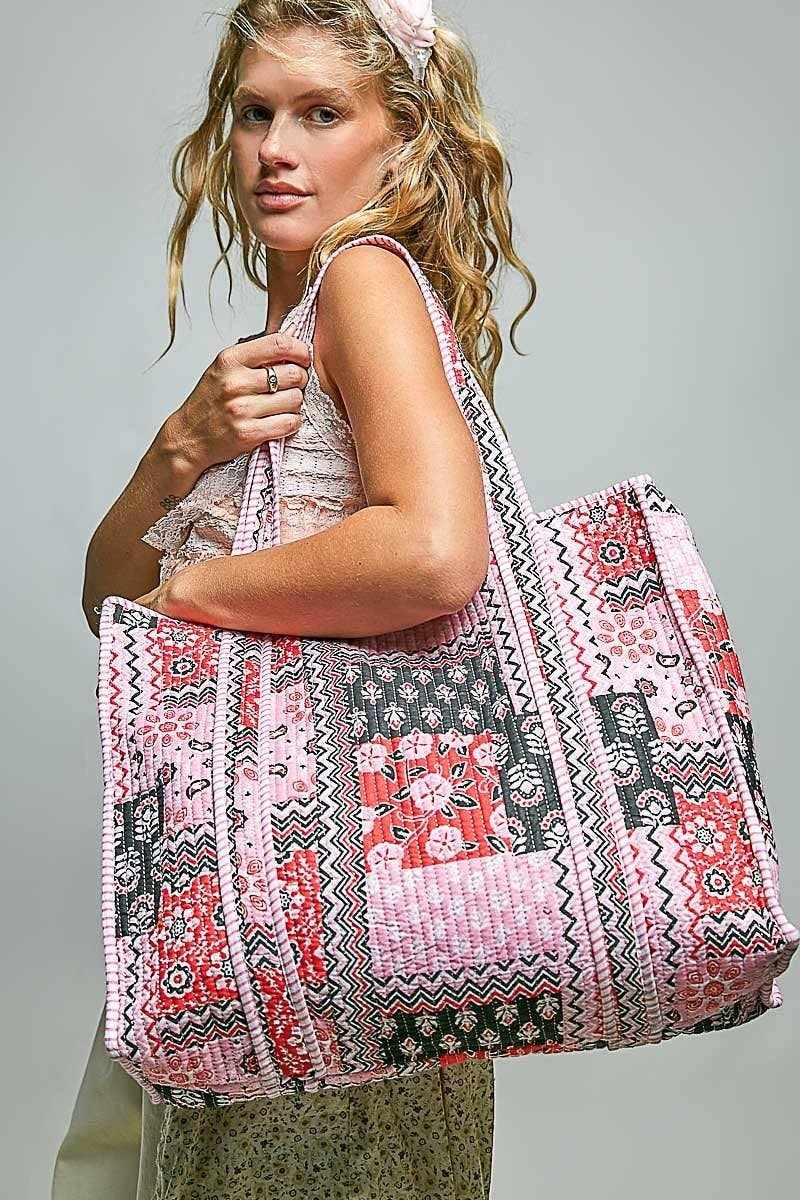 Doodlations Coffee Bar & Boutique quilted woven bohemian tote bag with pink and black patterned fabric and striped trim