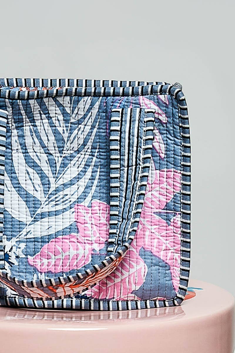 Doodlations Coffee Bar & Boutique mini quilted cotton tote bag with blue and pink floral screen-printed pattern.