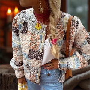Doodlations Coffee Bar & Boutique quilted patchwork jacket featuring floral and geometric patterns with button front