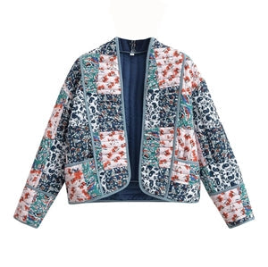 Doodlations Coffee Bar & Boutique quilted patchwork floral open front jacket with two pockets