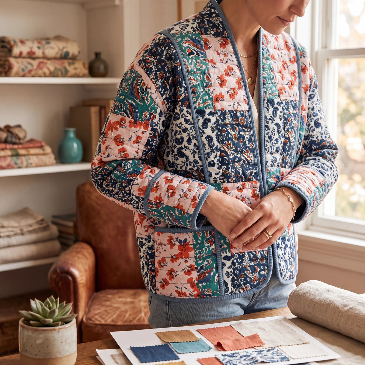 Doodlations Coffee Bar & Boutique quilted patchwork floral jacket with open front and pockets on a woman