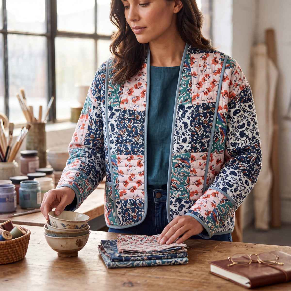 Doodlations Coffee Bar & Boutique quilted patchwork floral jacket with open front worn by a woman in an art studio.