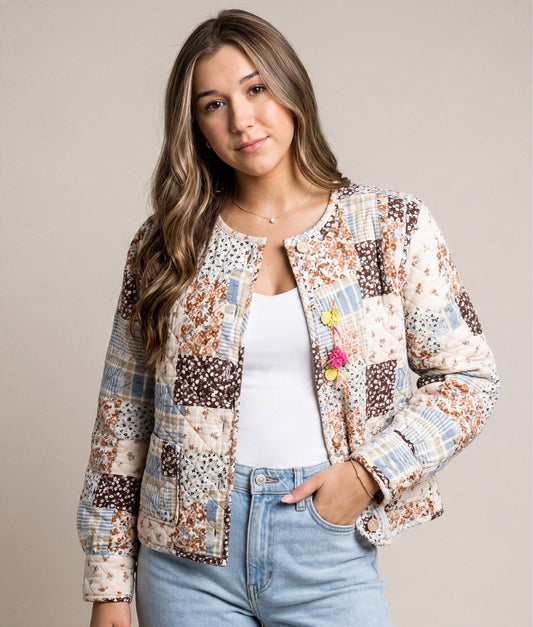 A woman wearing a Doodlations Coffee Bar & Boutique quilted patchwork jacket with floral prints and button closure.