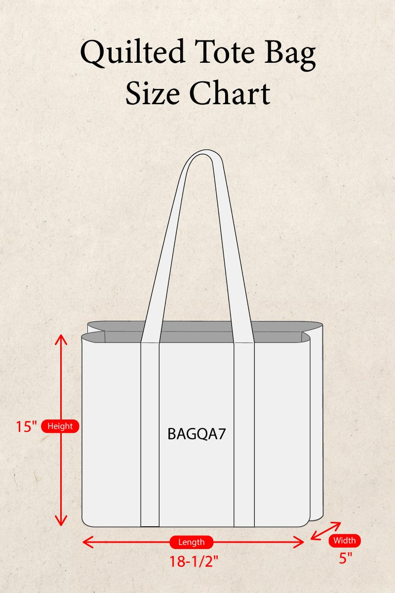 Doodlations Coffee Bar & Boutique quilted tote bag size chart showing 15 inch height, 18.5 inch length, and 5 inch width