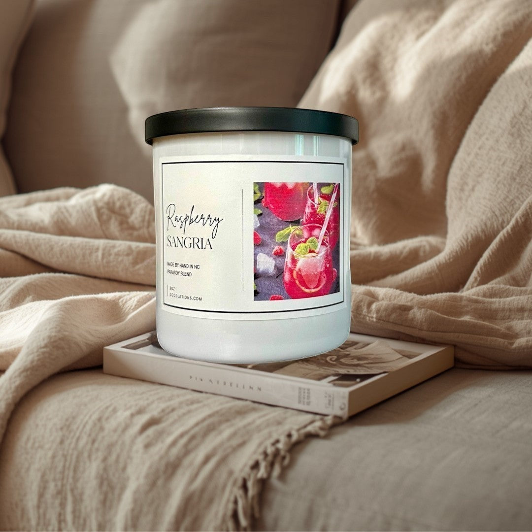 Doodlations Coffee Bar & Boutique Raspberry Sangria luxury soy blend candle with a fruity sangria scent.