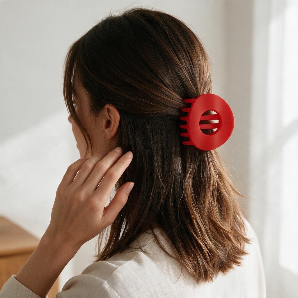 Doodlations Coffee Bar & Boutique red Teleties flat circle hair clip worn in a woman's brown hair