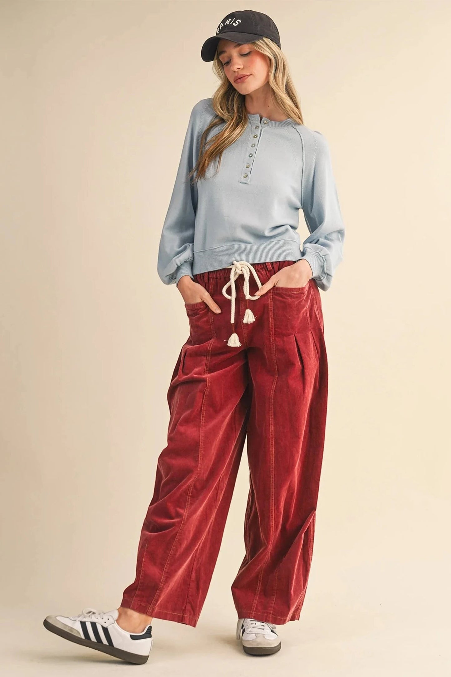 Doodlations Coffee Bar & Boutique racing red corduroy pants with elastic drawstring waist and wide-leg fit