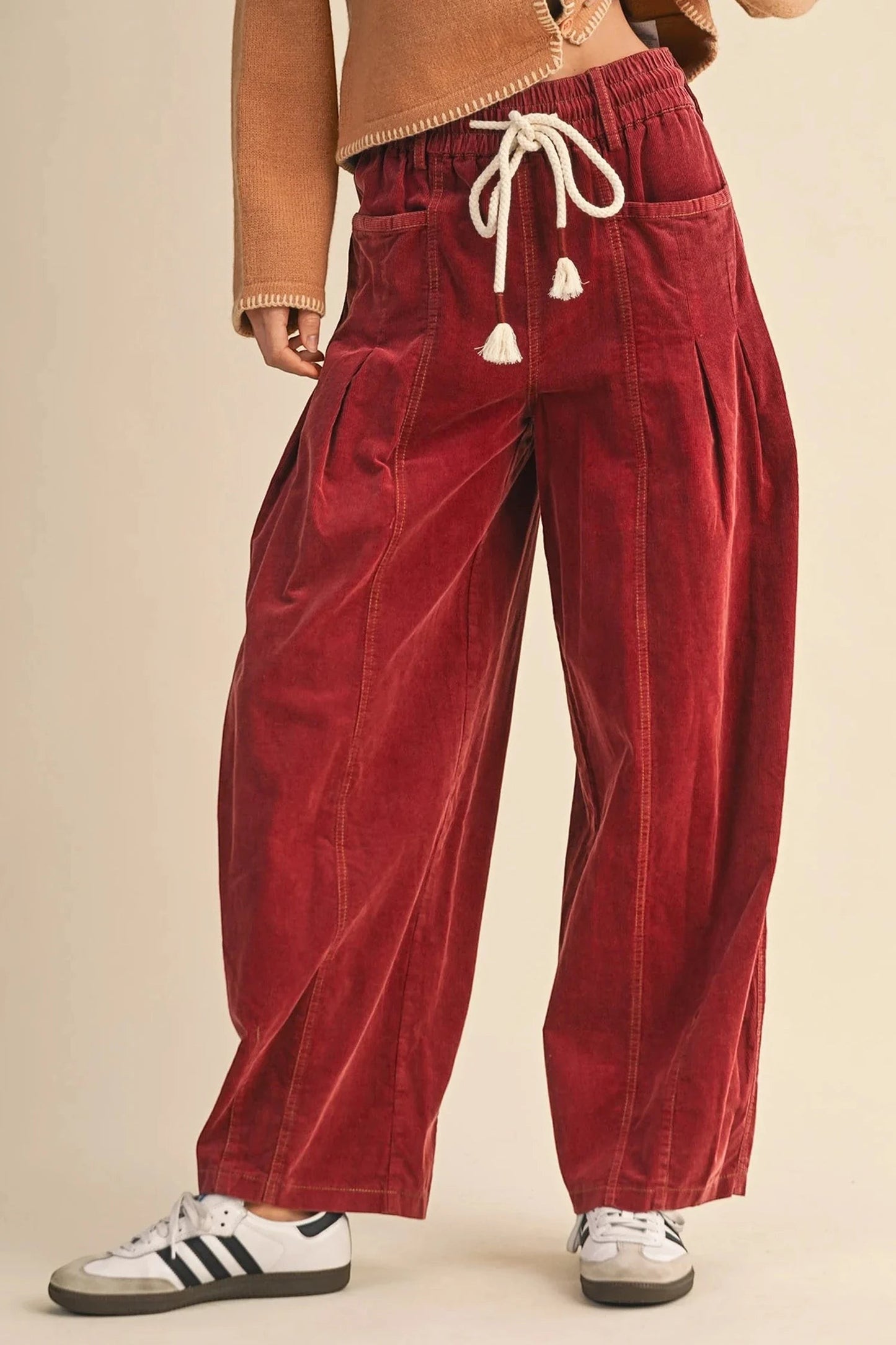 Doodlations Coffee Bar & Boutique racing red corduroy pants with an elastic drawstring waist and relaxed fit
