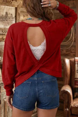 Doodlations Coffee Bar & Boutique racing red sweatshirt with drop shoulders, ribbed details, and a cutout back design