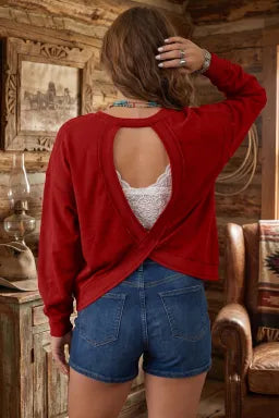 Doodlations Coffee Bar & Boutique racing red sweatshirt with ribbed details, drop shoulders, and a cutout back.