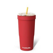 Doodlations Coffee Bar & Boutique red stainless steel Frost Buddy To-Go Buddy tumbler with yellow straw, 32oz capacity.