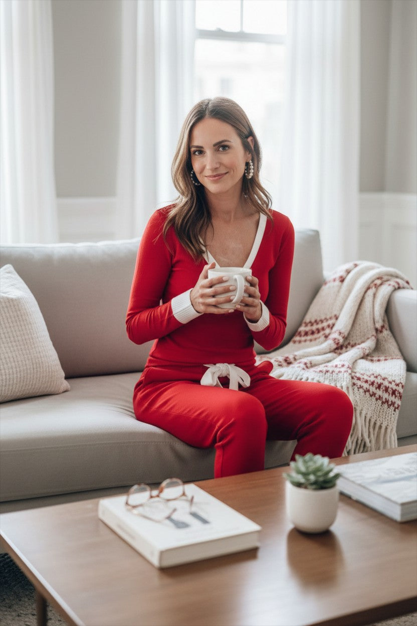 Doodlations Coffee Bar & Boutique fiery red pajama set with white contrast trim, V-neck, and knot waist on a woman.