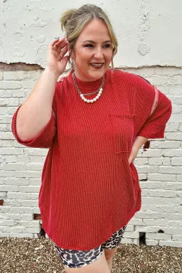 Doodlations Coffee Bar & Boutique fiery red ribbed tunic with round neck, bracelet sleeves, and chest pocket