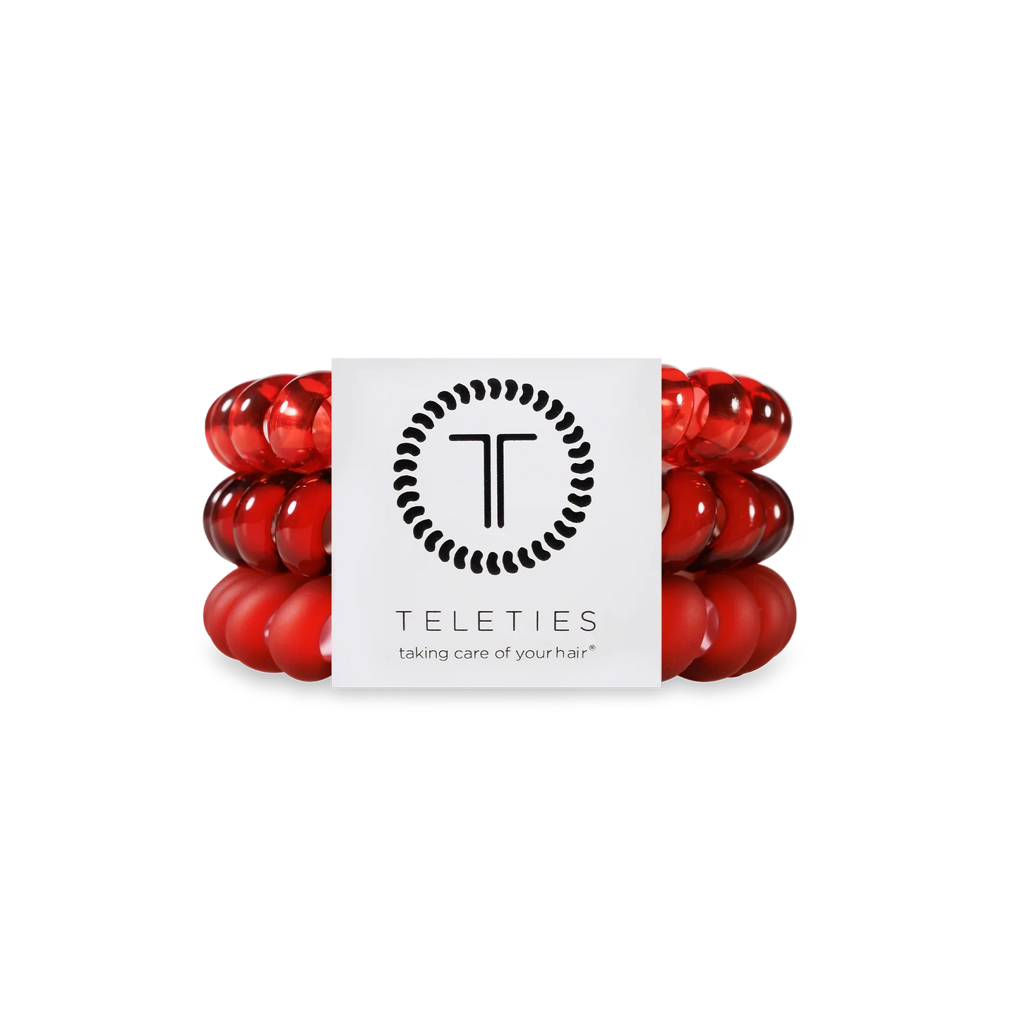 Doodlations Coffee Bar & Boutique Red Carpet Ready red spiral hair ties on branded packaging