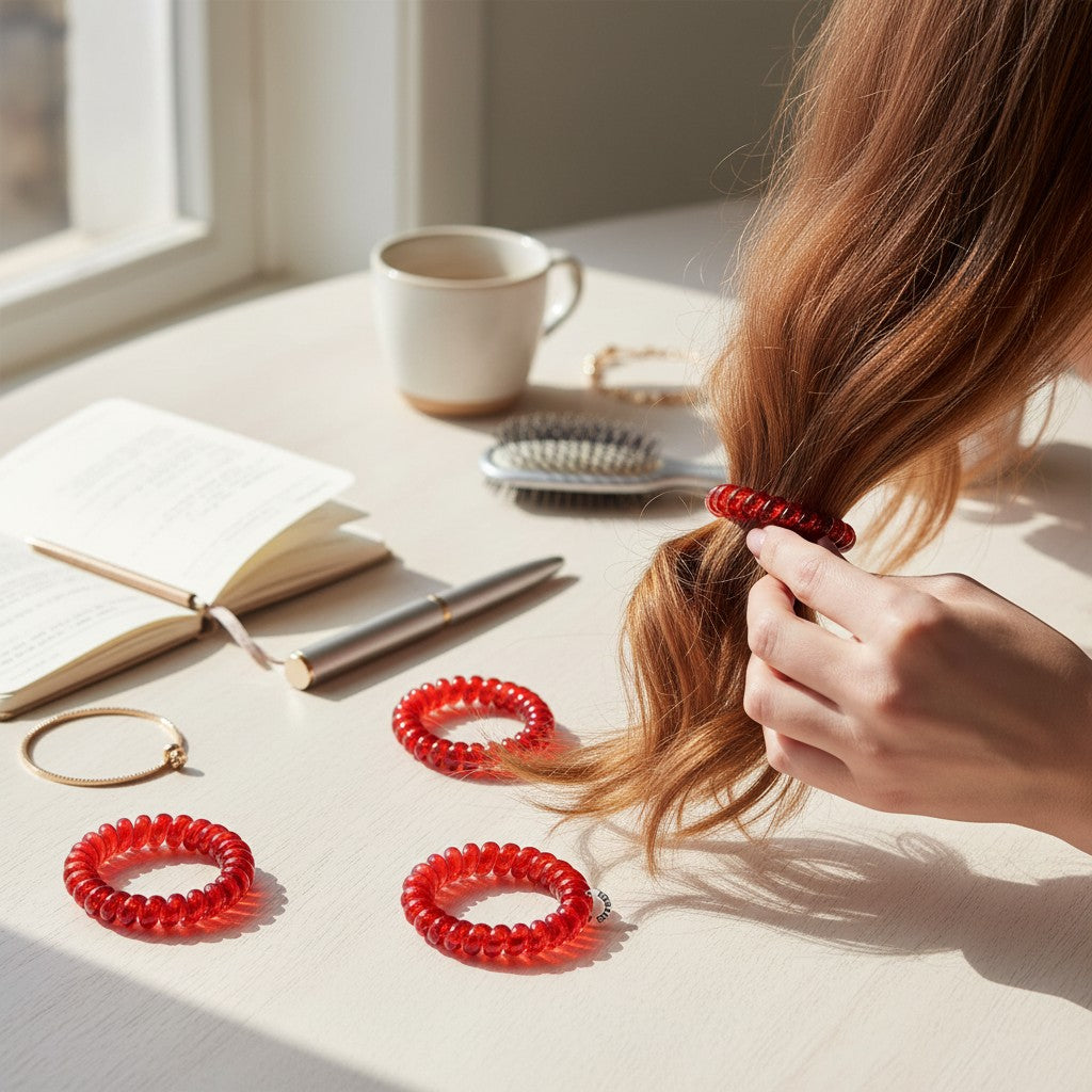 Doodlations Coffee Bar & Boutique red spiral hair ties being used on hair, sitting on a desk with a notebook and coffee.
