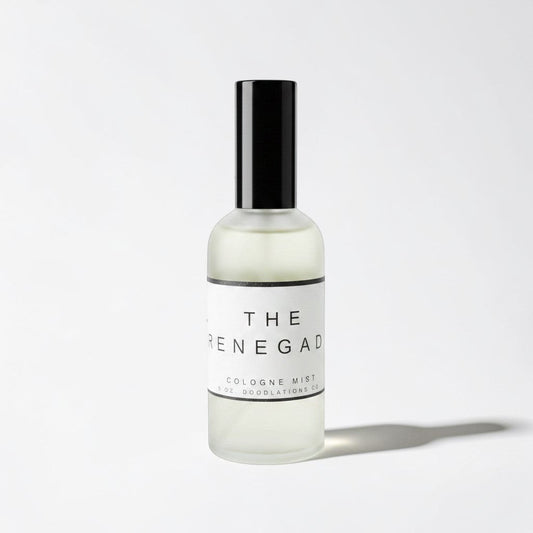 Doodlations Coffee Bar & Boutique The Renegade fine mist cologne in a sleek 5oz frosted glass spray bottle.