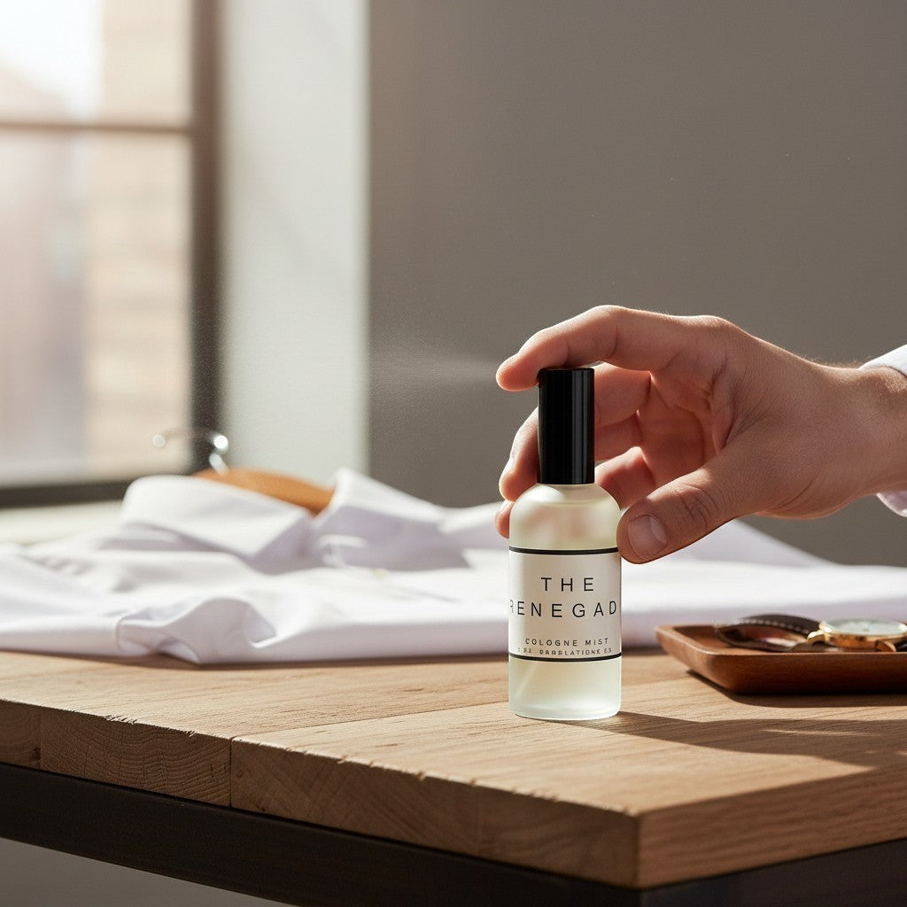 Doodlations Coffee Bar & Boutique The Renegade fine mist perfume bottle being sprayed on a wooden desk.