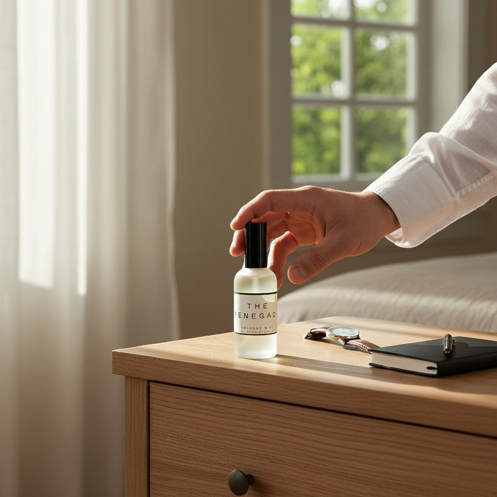 Doodlations Coffee Bar & Boutique The Renegade fine mist perfume bottle held by a hand on a wooden bedside table.