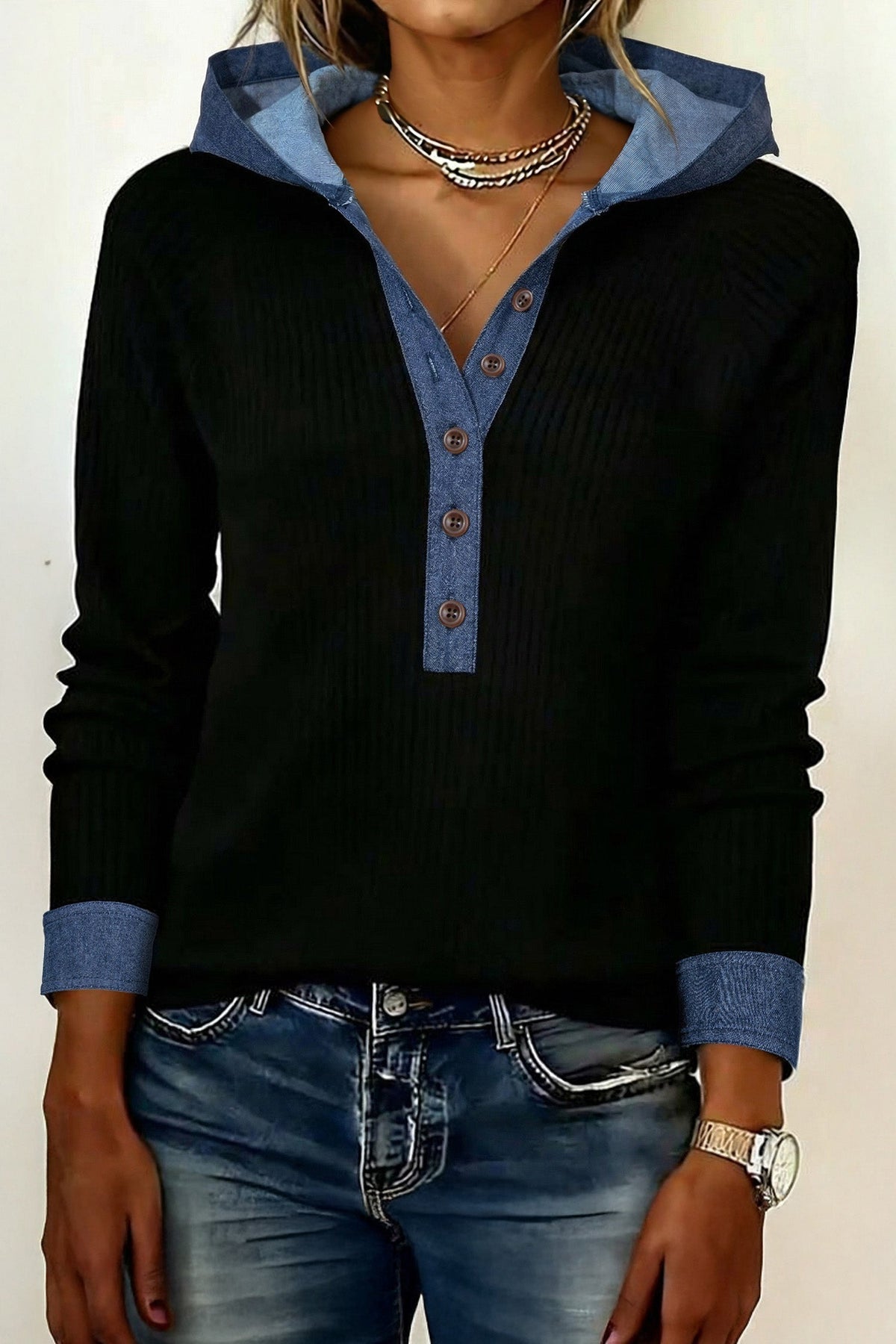 Doodlations Coffee Bar & Boutique black ribbed long sleeve top with denim hood, button placket, and cuff accents.