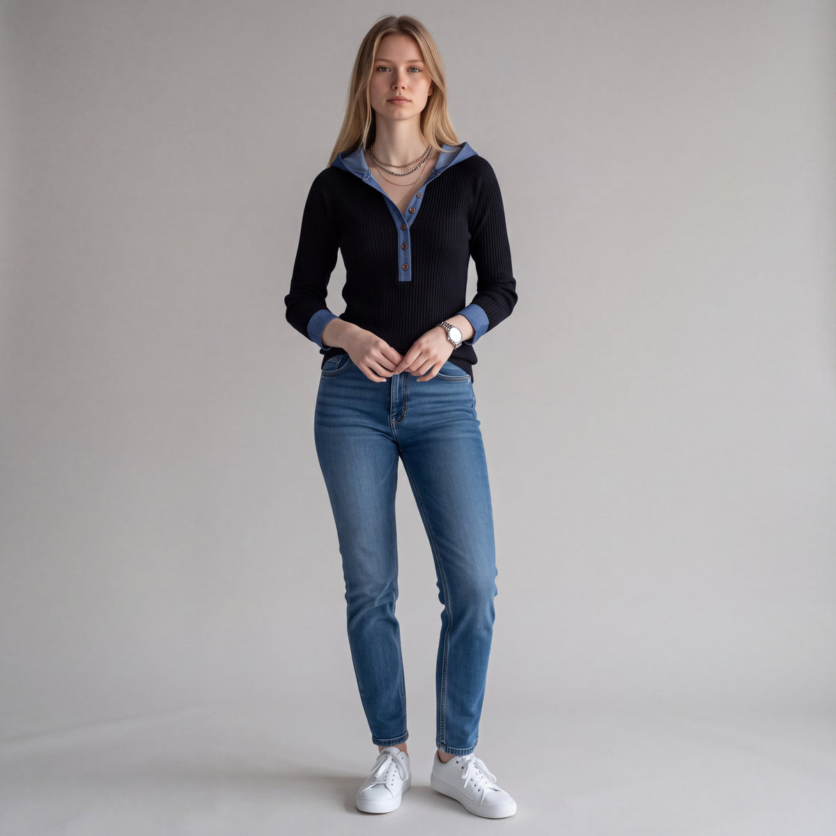 Doodlations Coffee Bar & Boutique black ribbed long sleeve top with denim hood and cuffs worn with blue jeans