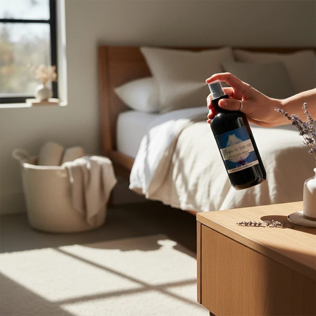 Doodlations Coffee Bar & Boutique Magic in the Air room and linen spray being misted in a bright, cozy bedroom.