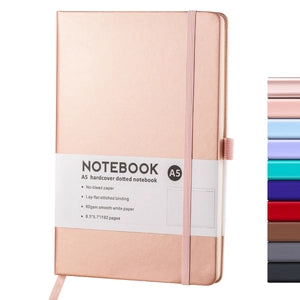 Doodlations Coffee Bar & Boutique A5 rose gold hardcover dotted journal with elastic closure and pen loop