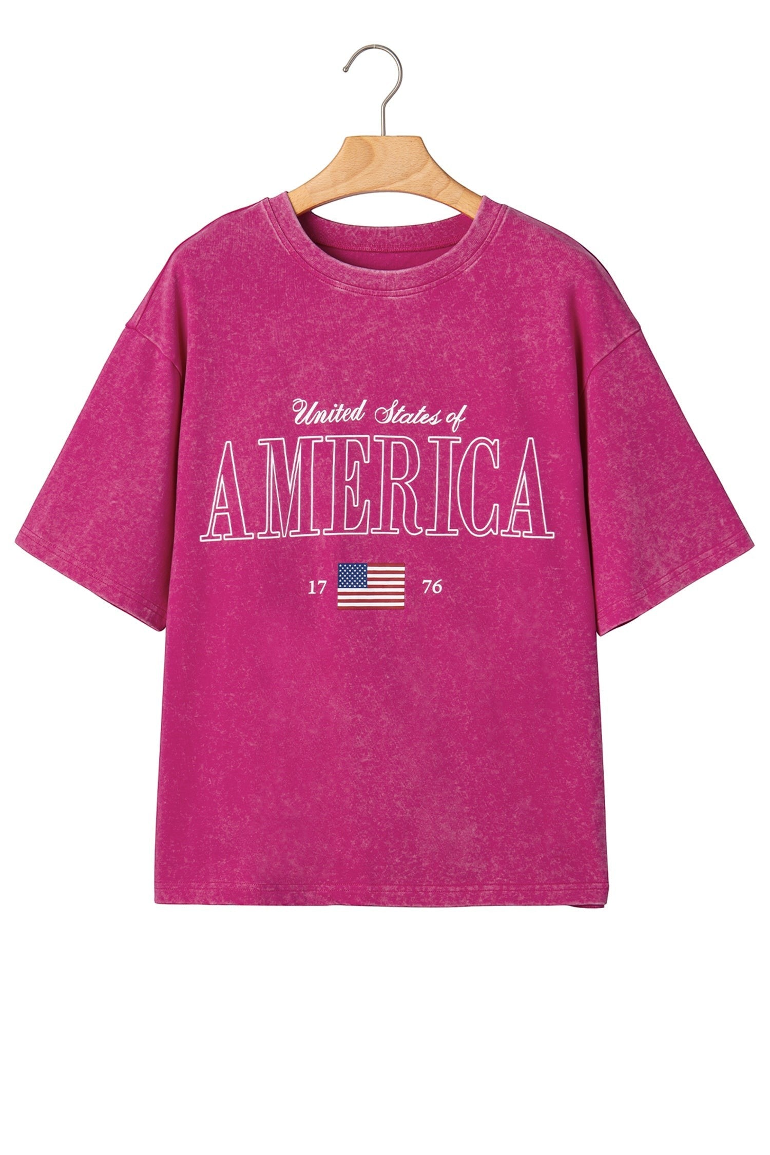 Doodlations Coffee Bar & Boutique rose red mineral wash cotton graphic tee with "AMERICA 1776" lettering and US flag.