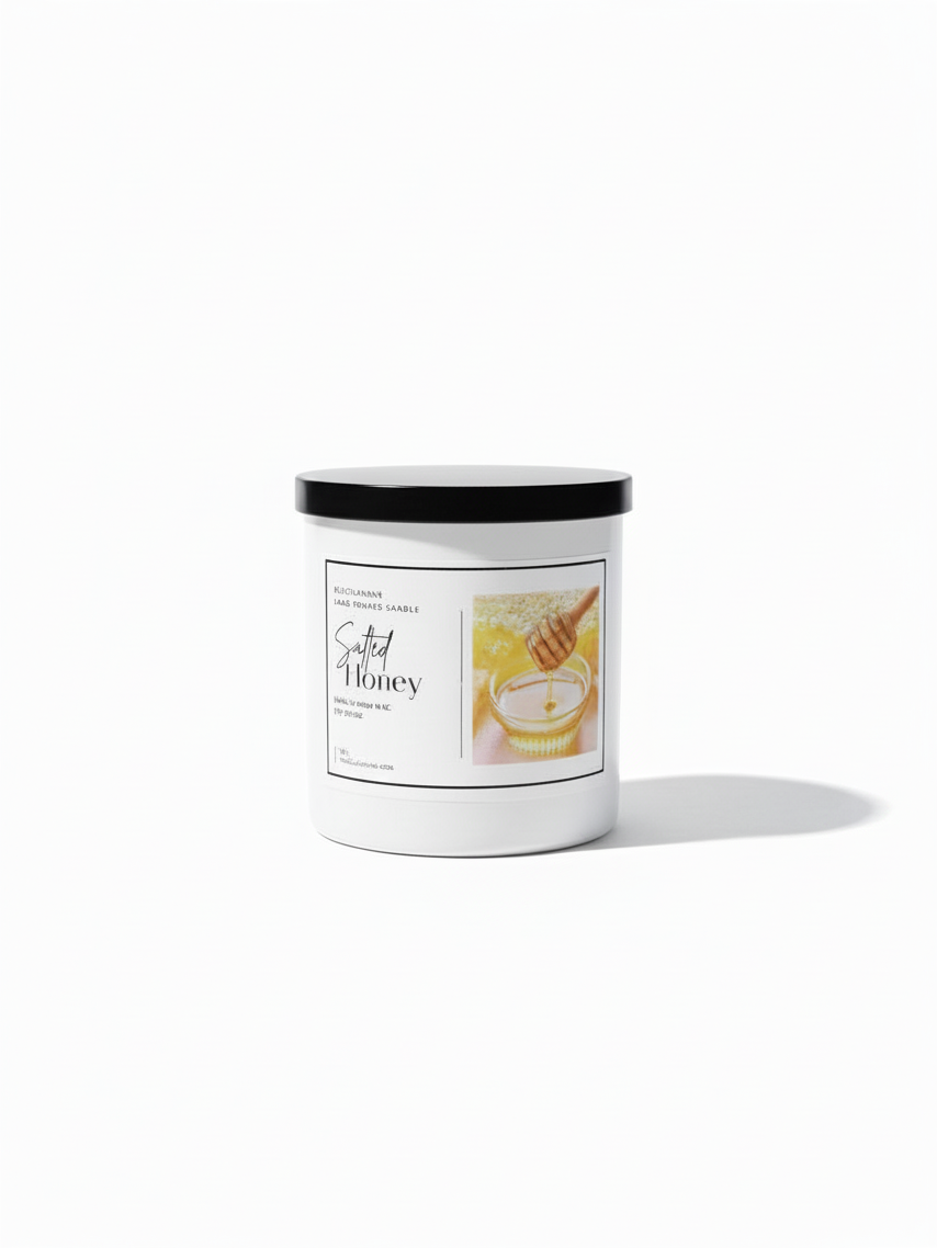 Doodlations Coffee Bar & Boutique Salted Honey luxury candle in a white jar with a black lid and honey dipper label