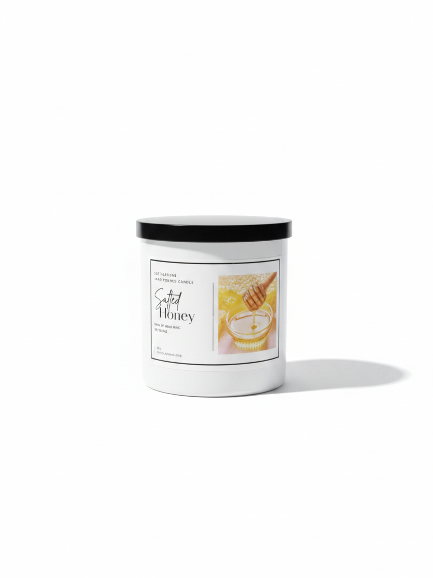 Doodlations Coffee Bar & Boutique Salted Honey luxury hand-poured candle in a white jar with a black lid