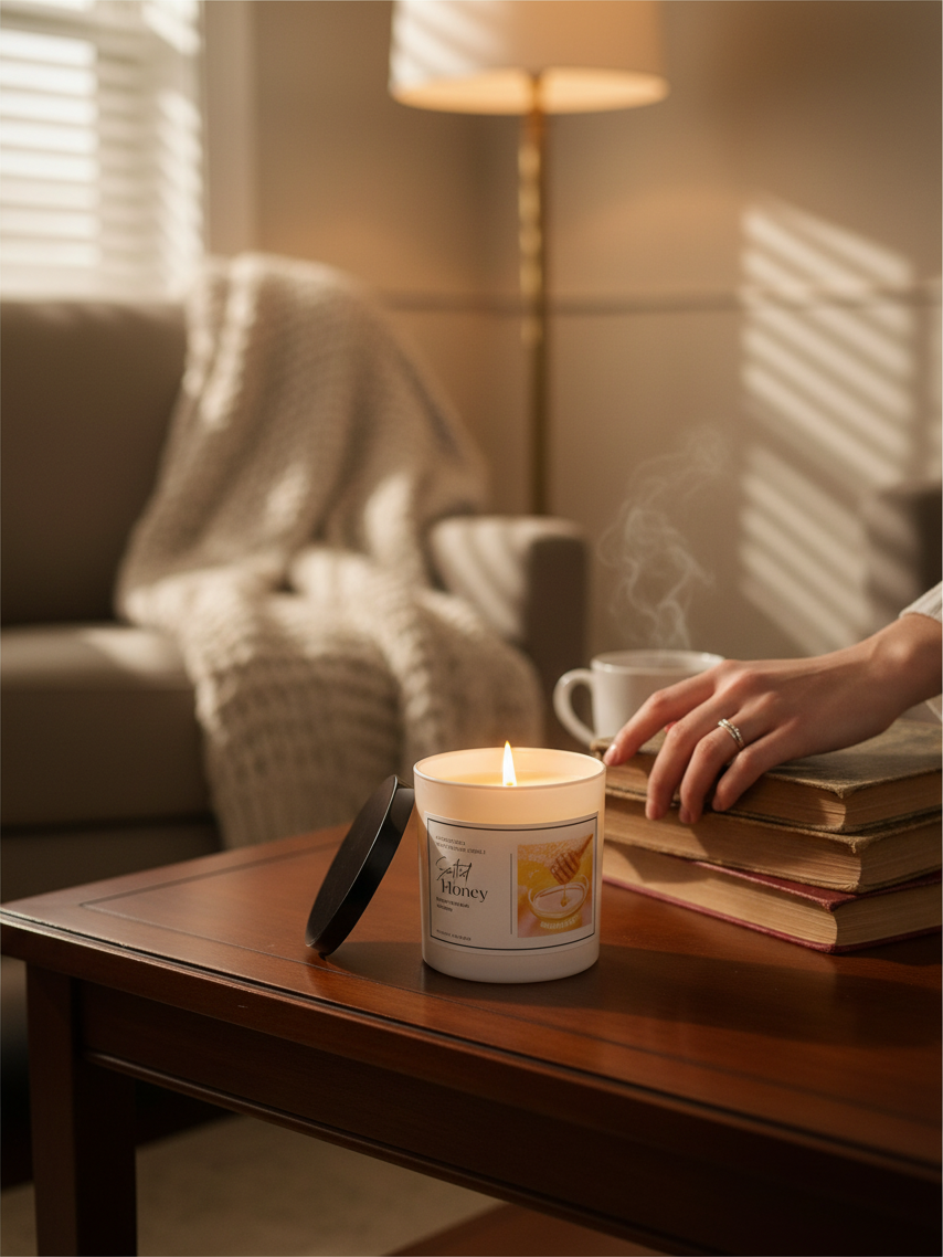 Doodlations Coffee Bar & Boutique Salted Honey luxury candle glowing on a wooden table with books and a warm lamp