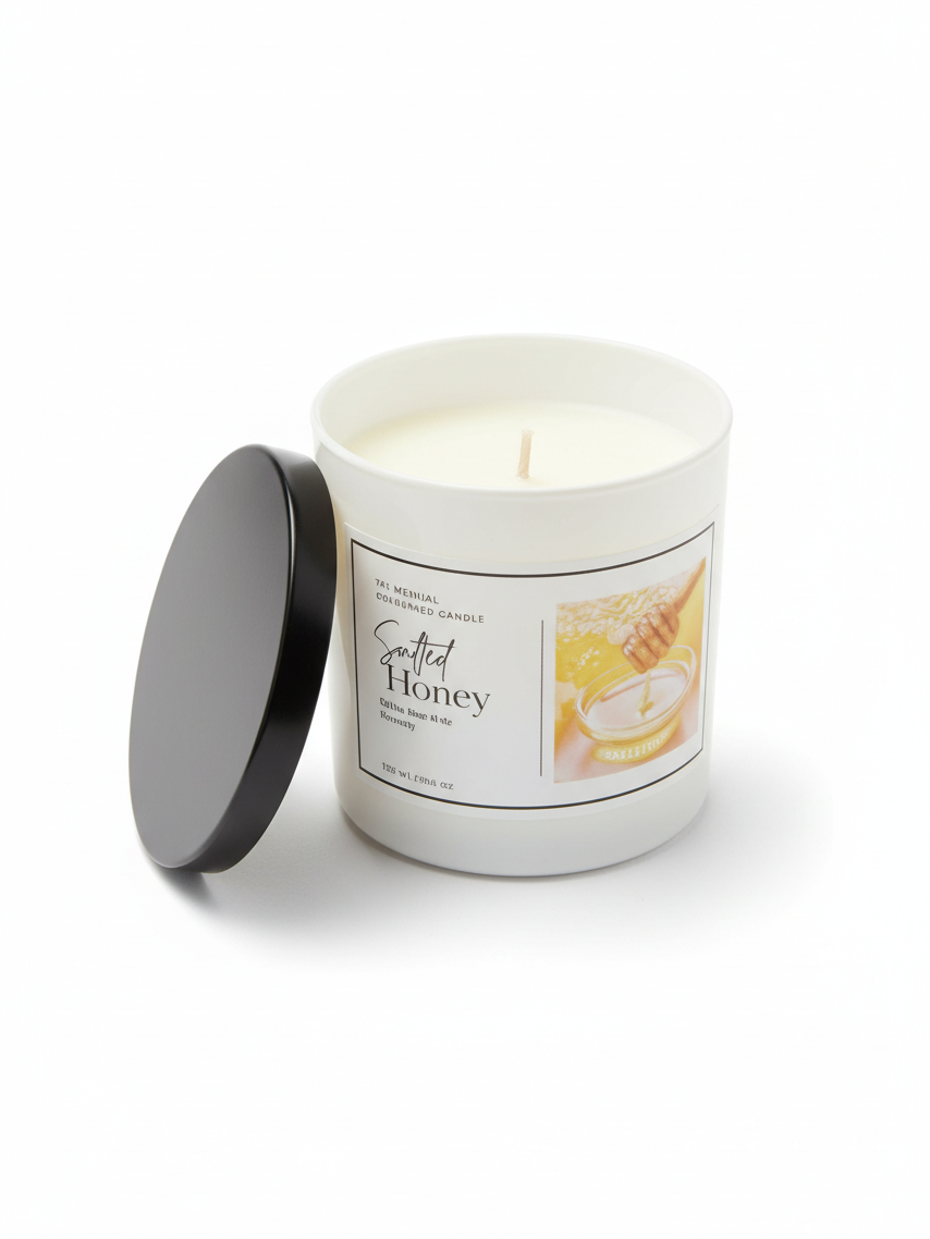 Doodlations Coffee Bar & Boutique Salted Honey luxury hand-poured candle in a white jar with a black lid