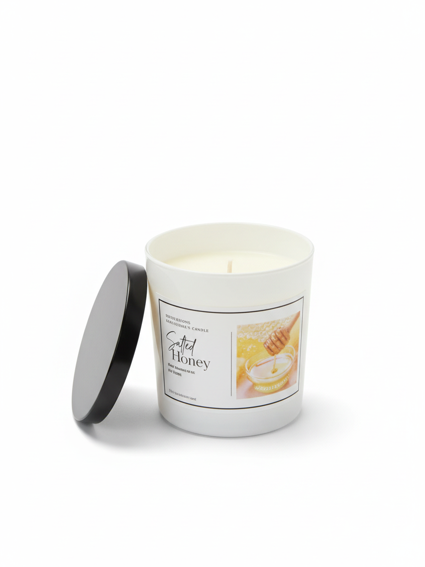 Doodlations Coffee Bar & Boutique Salted Honey luxury candle in a white jar with a black lid on a white background