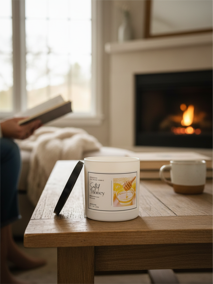 Doodlations Coffee Bar & Boutique Salted Honey luxury candle on a wooden coffee table by a cozy fireplace