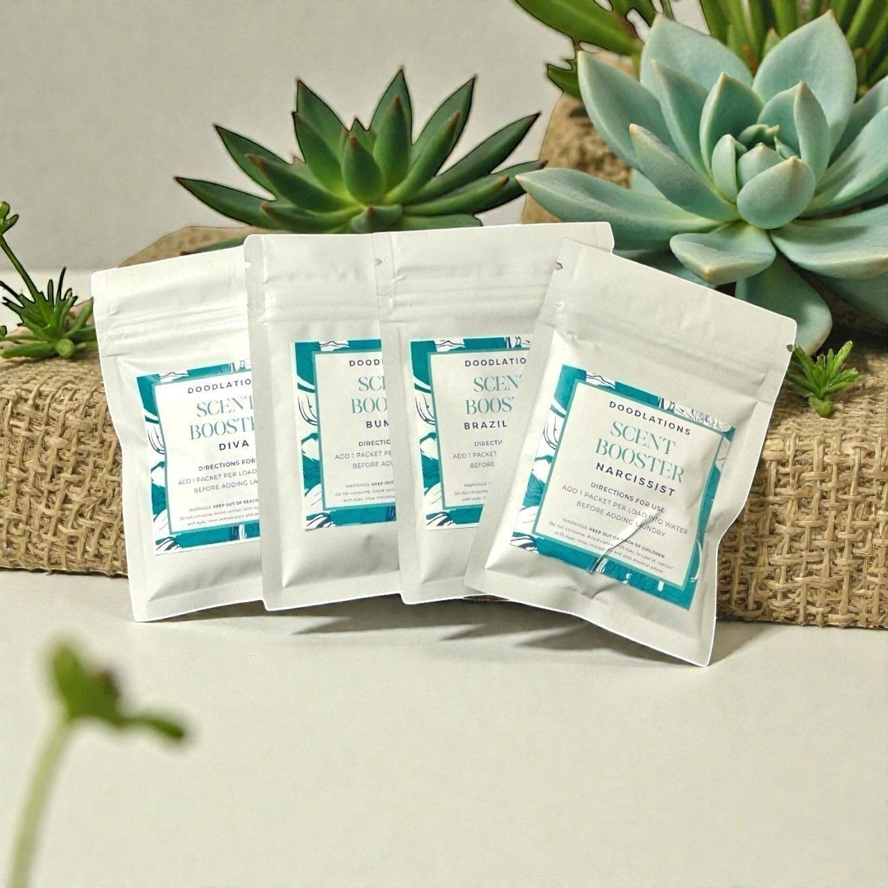 Doodlations Coffee Bar & Boutique Scent Booster Sampler Pack with four individual scent packets and succulents.