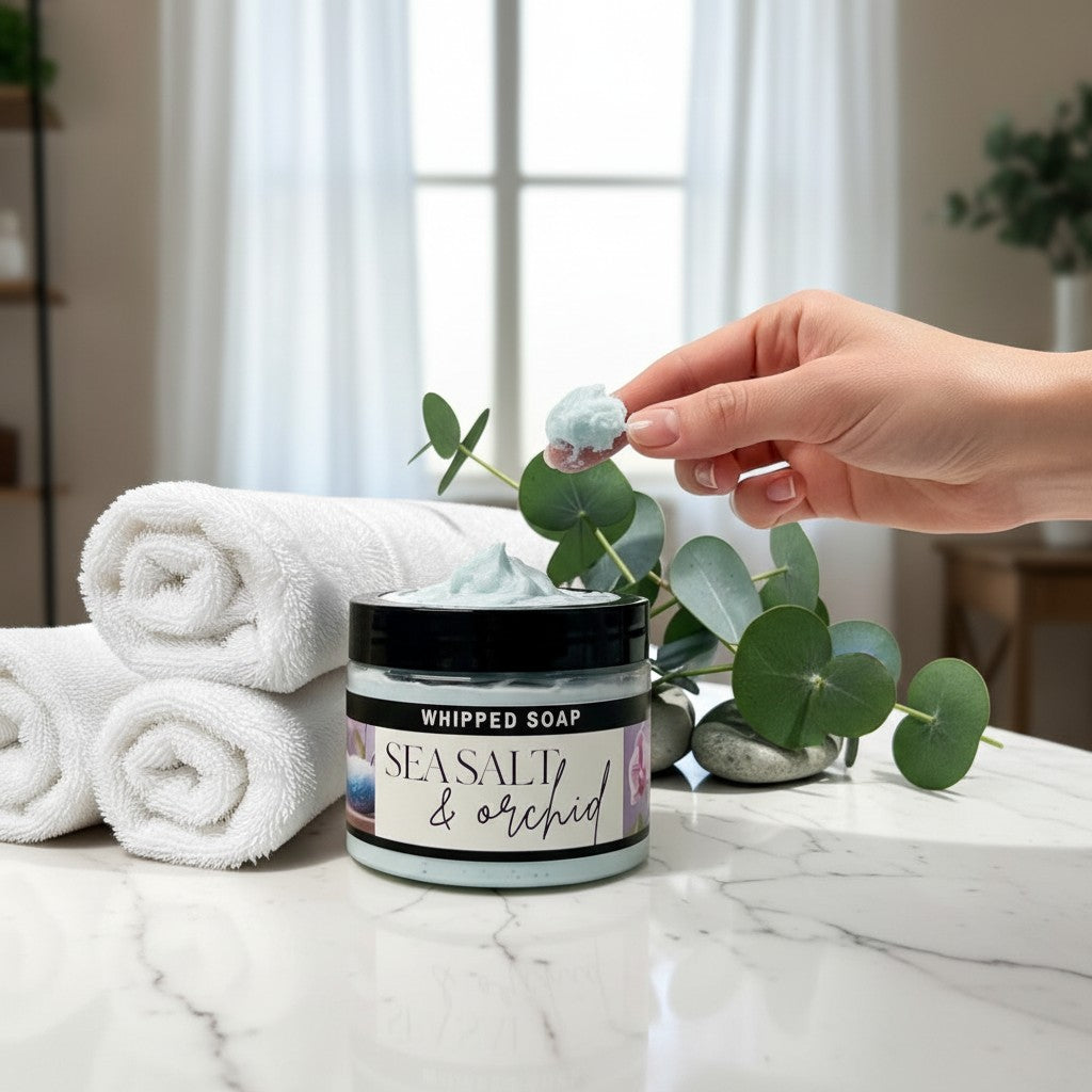 Doodlations Coffee Bar & Boutique Sea Salt & Orchid whipped soap in a jar with white towels and eucalyptus.