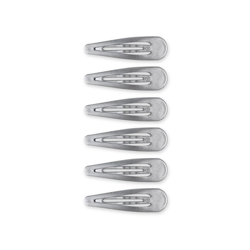 Set of six silver TELETIES Snap Clip hair clips with a smooth, snag-free finish from Doodlations Coffee Bar & Boutique