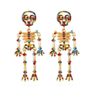 Doodlations Coffee Bar & Boutique articulated skeleton dangle earrings with vibrant multi-colored rhinestone accents
