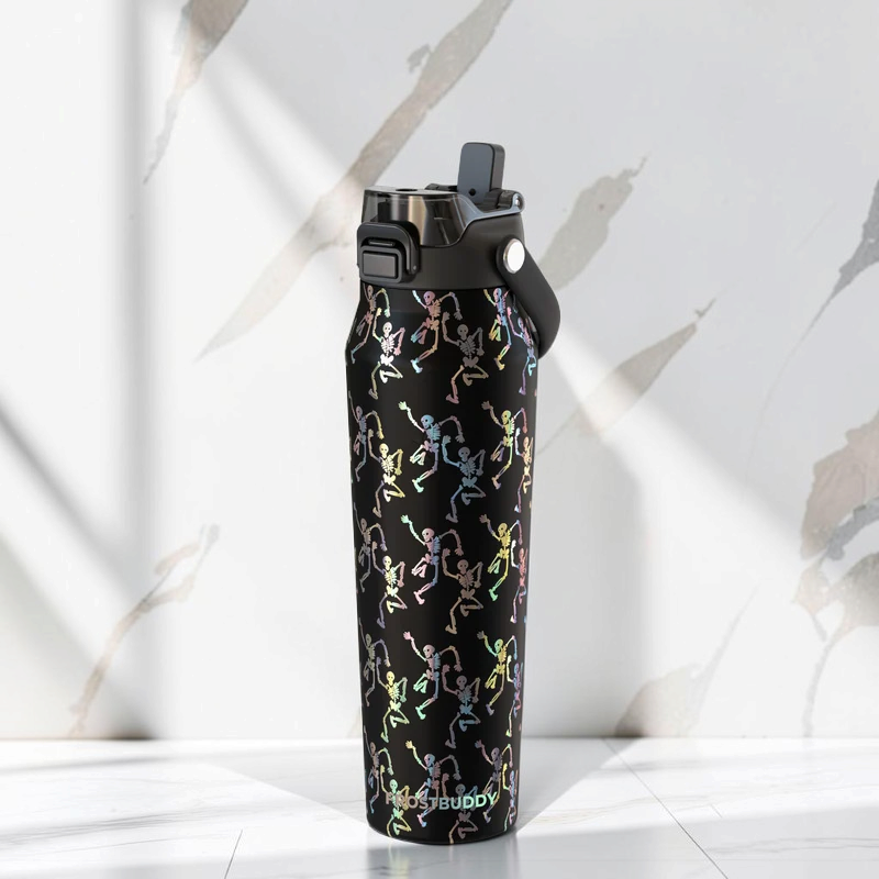 Doodlations Coffee Bar & Boutique 32oz Bottle Buddy featuring a black finish with a holographic dancing skeleton print.