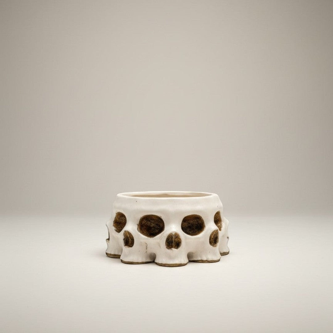Doodlations Coffee Bar & Boutique white concrete skull candle with gold accents and Amish Harvest scent.