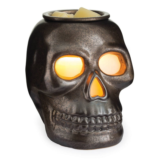 Doodlations Coffee Bar & Boutique gunmetal skull fragrance warmer with glowing eyes and wax melt dish