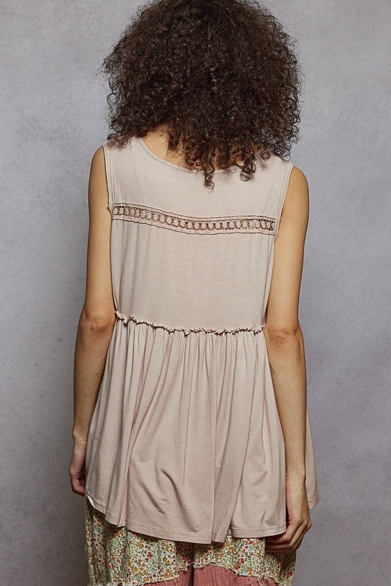 Doodlations Coffee Bar & Boutique sleeveless babydoll knit top in beige with lace trim and ruffle back detail