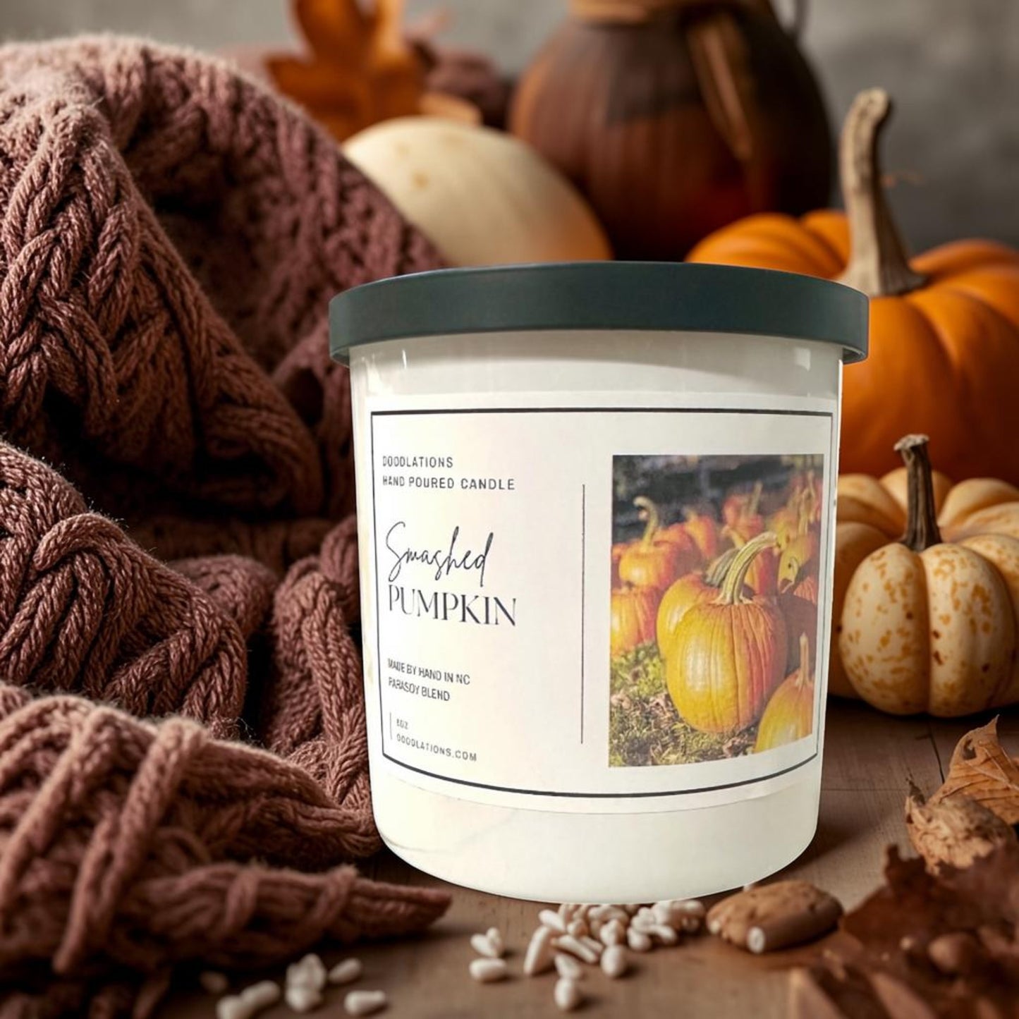 Doodlations Coffee Bar & Boutique Smashed Pumpkin luxury boutique candle, hand-poured with a rich fall scent.