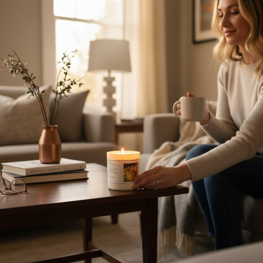 Woman relaxing at home with a lit Doodlations Coffee Bar & Boutique Smashed Pumpkin candle on a coffee table.