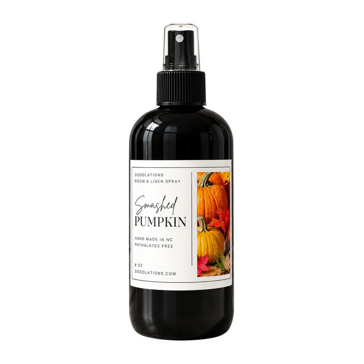 Doodlations Coffee Bar & Boutique Smashed Pumpkin room and linen spray in a black 8oz bottle with autumn label