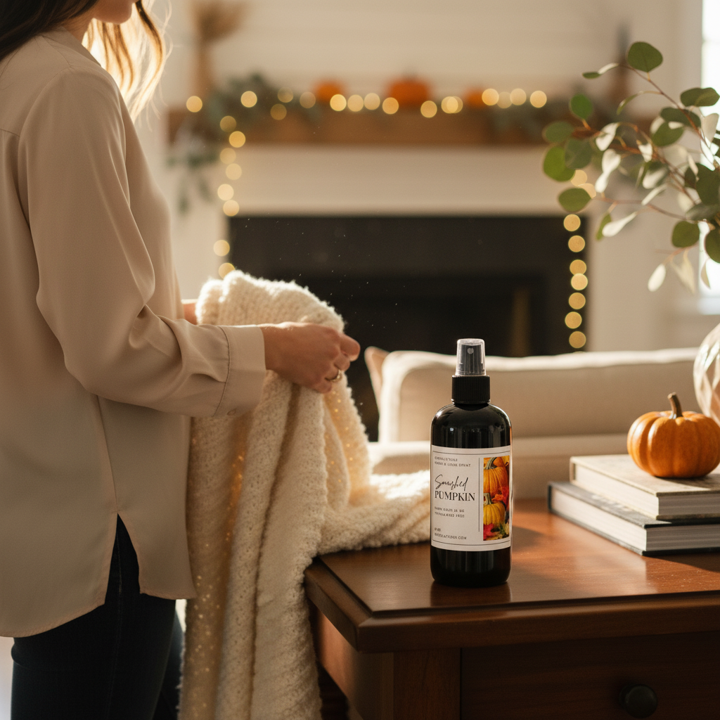 Doodlations Coffee Bar & Boutique Smashed Pumpkin room and linen spray on a wooden table in a cozy autumn living room.