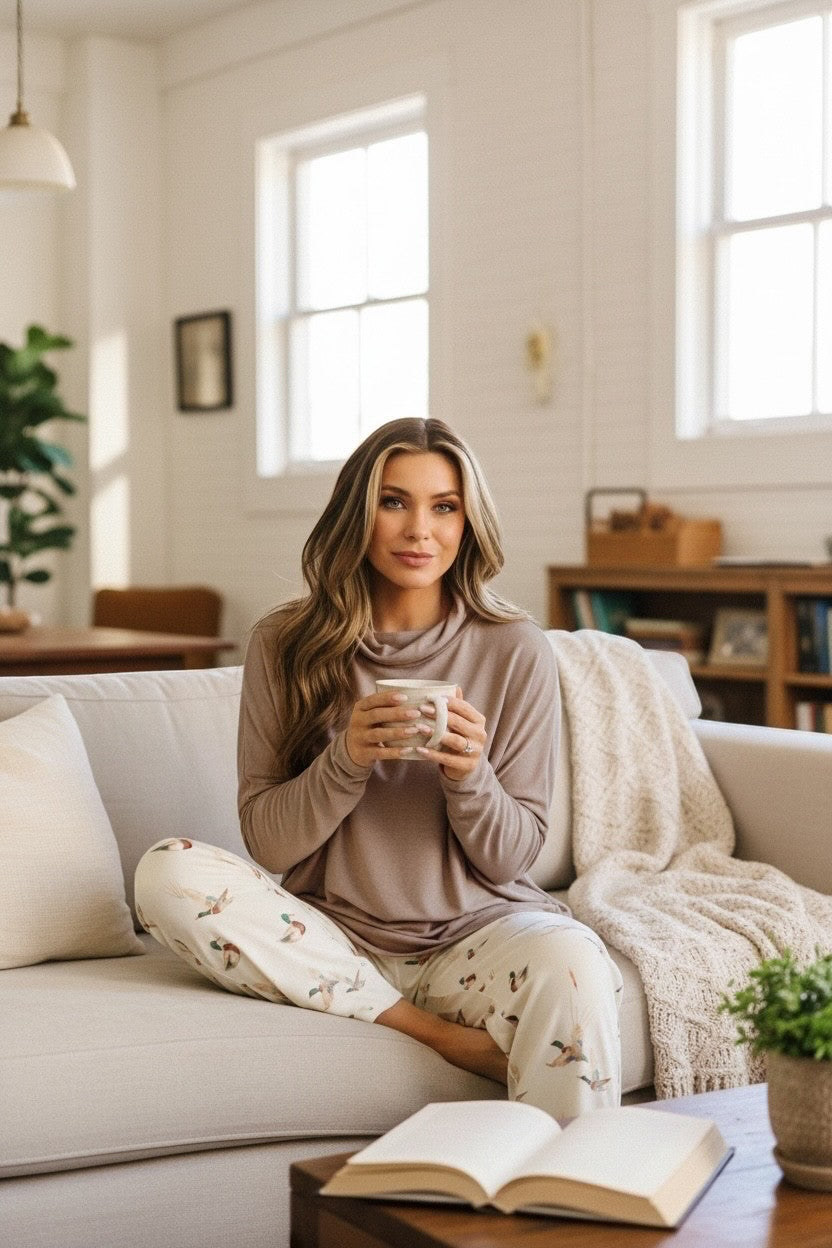 Doodlations Coffee Bar & Boutique smoke gray high neck long sleeve top worn by a woman holding a mug on a sofa.