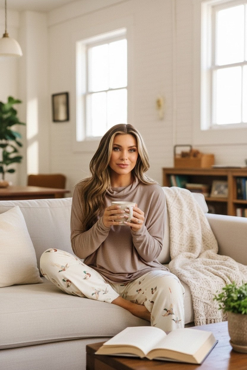 Doodlations Coffee Bar & Boutique smoke gray high neck long sleeve top worn by a woman holding a mug on a sofa.