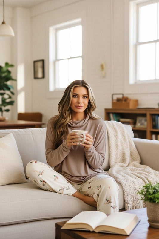 Doodlations Coffee Bar & Boutique smoke gray high neck long sleeve top worn by a woman holding a mug on a sofa.